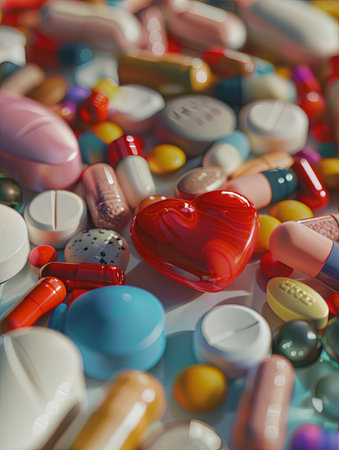A close-up view of various heart medications, including pills, capsules, and a heart rate monitor, arranged on a clean surface.の素材