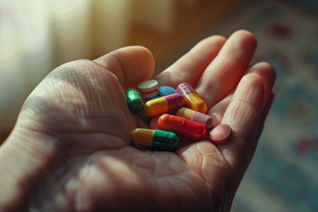 A close-up image of a hand holding a handful of colorful pills. The background is softly blurred, creating an intimate and caring atmosphere.の素材