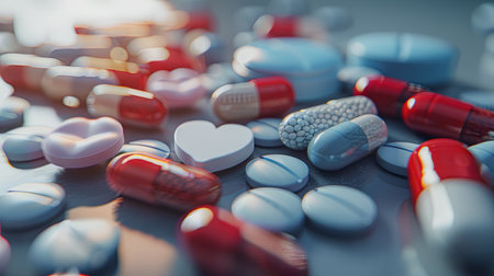 Close-up of heart meds, pills, capsules, and a heart rate monitor, neatly arranged. The clinical background highlights their importance in managing heart disease.の素材