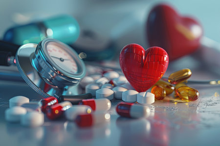 Close-up photo of heart medications next to a stethoscope, emphasizing their role in managing heart health.の素材