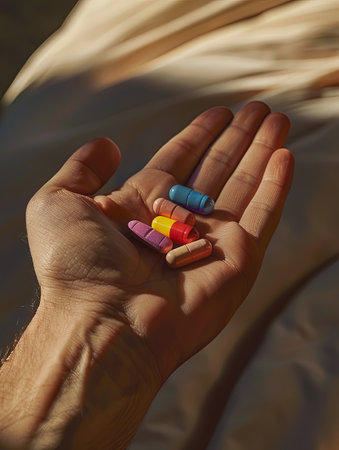 A close-up photo of a hand holding a variety of colorful pills, with a softly blurred background.の素材