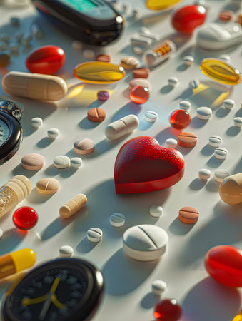 A close-up image of various heart medications, including pills, capsules, and a heart rate monitor, on a white surface.の素材