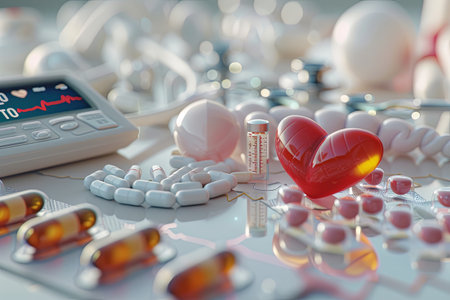 A close-up shot of various heart medications, including pills, capsules, and a heart rate monitor, highlighting the importance of medication in heart disease management.の素材