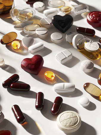 A close-up image of various heart medications, including pills, capsules, and a heart rate monitor, arranged on a clean surface.の素材