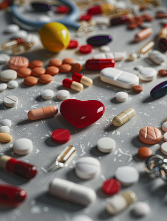 A close-up view of various heart medications, including pills, capsules, and a heart rate monitor, arranged on a clean surface.の素材