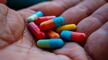 A close-up shot of a hand holding colorful pills, with the background softly blurred.の素材