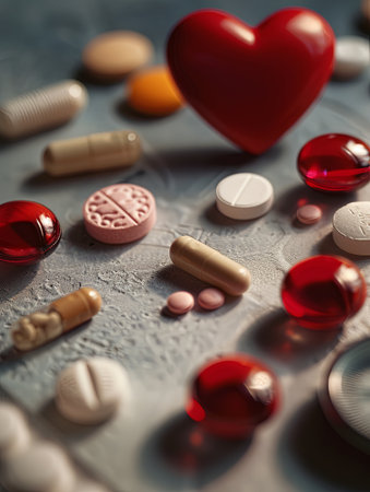 Different heart medications, pills, capsules, and a heart rate monitor are displayed on a surface with a simple background to emphasize their importance in heart disease control.の素材