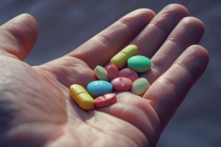 A close-up shot of an open palm holding colorful pills. The background is softly blurred, creating an intimate and caring atmosphere.の素材