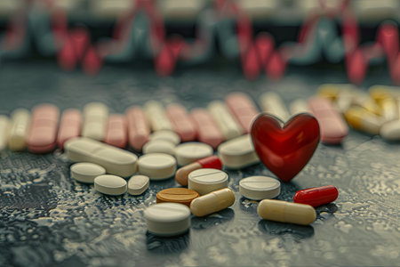 A close-up image showing various heart medications, including pills, capsules, and a red heart, emphasizing the role of medication in heart health management.の素材