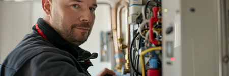 A skilled installer meticulously works on a new radiator system, demonstrating the technical expertise necessary to provide home comfort.の素材