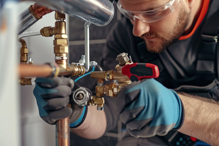 A skilled technician meticulously installs a home heating system, showing the detailed and essential work required to ensure comfortable living.の素材