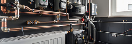 A professional installer carefully connects copper pipes and modern components for a new home heating system installation.の素材