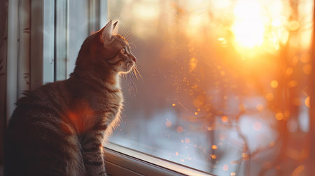 A tabby cat sits on a windowsill and looks out at the sunset.の素材