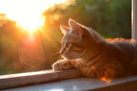 A cat sits on a windowsill, looking out at the sunset. The sun shines brightly through the window, casting a warm glow on the cats fur.の素材