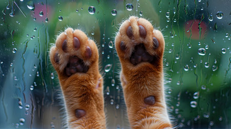 A close-up of a cats paws pressed against a rainy window.の素材
