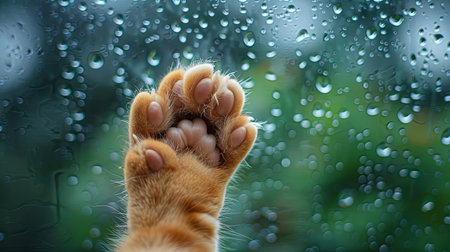 A close-up shot of a cats paw reaching toward raindrops on a window.の素材