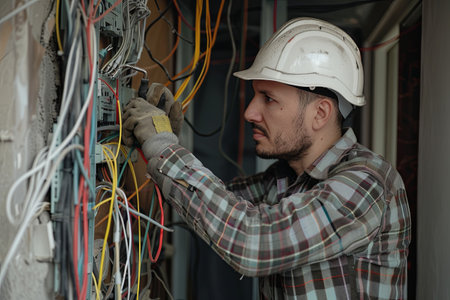 An electrician in a hard hat works on electrical wiring in an open wall during a home renovation.の素材