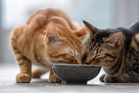 Two cats, one orange and one tabby, eat from a black bowl.の素材