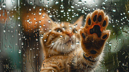 A close-up of a cat paw reaching through a window with raindrops.の素材