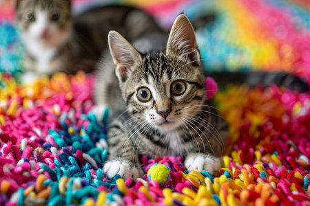 A tabby kitten plays on a colorful rug, looking directly at the camera with big, curious eyes.の素材
