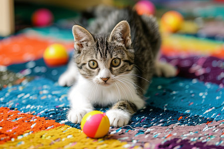 A playful tabby cat with white paws and a white chest is lying on a colorful rug, looking intently at a yellow and pink ball.の素材