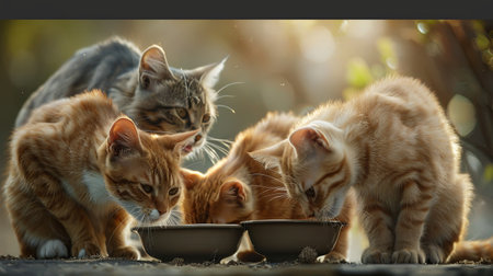 Four cats enjoy a meal together outside, gathered around two bowls of food.の素材