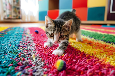A tabby kitten plays with a colorful ball on a multi-colored rug.の素材