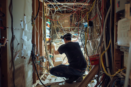 A lone electrician works on wiring within an open wall, surrounded by a maze of cables, connectors, and tools.の素材