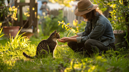 A woman in a straw hat sits on the grass in a garden and feeds a tabby cat.の素材
