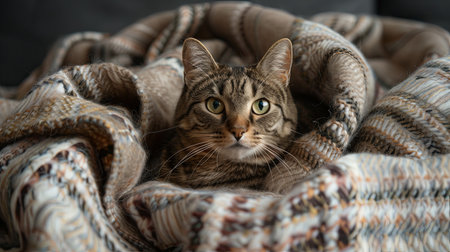 A tabby cat with green eyes looks at the camera while nestled under a patterned blanket.の素材