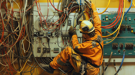 An electrician wearing a hard hat and safety gear works on exposed wiring in an electrical panel, demonstrating the technical and safety aspects of electrical work.の素材