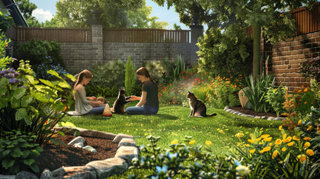 A woman and a young girl sit on the green grass in a lush backyard. Both are petting and playing with cats.の素材