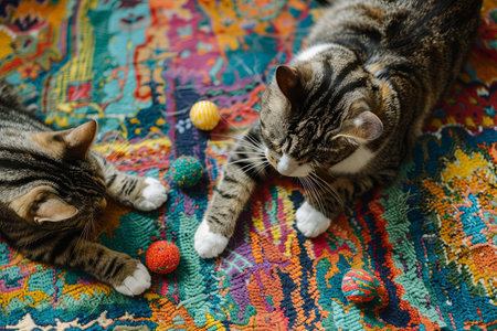 Two tabby cats are playfully interacting with brightly colored balls on a multi-colored rug.の素材