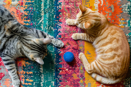 A gray tabby cat and an orange tabby cat play with a blue ball on a colorful rug.の素材