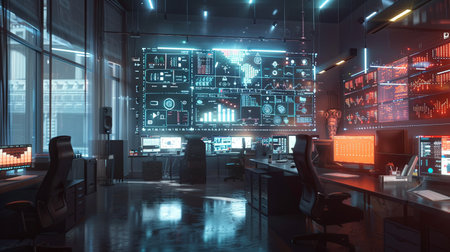 A modern office space with digital screens displaying data analysis and algorithms, showing AI-driven ad optimization for marketers.の素材