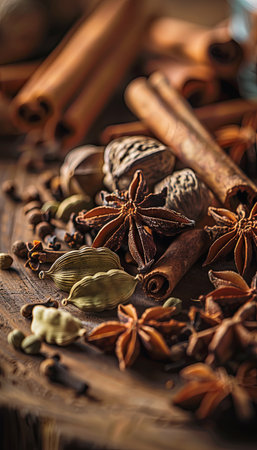 Close-up of assorted spices for tea, including cinnamon sticks, cardamom pods, cloves, and star anise, arranged on a wooden table.の素材