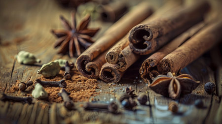 Close-up of various spices, including cinnamon sticks, cardamom pods, cloves, and star anise, arranged on a rustic wooden surface.の素材