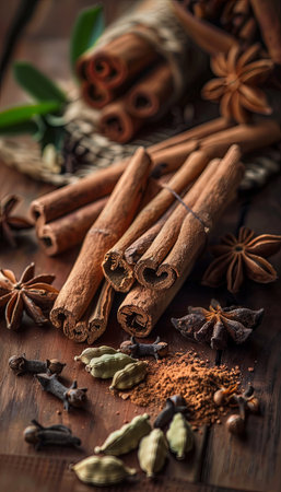 Close-up of various tea spices, including cinnamon sticks, cardamom pods, cloves, and star anise, arranged on a rustic wooden surface.の素材