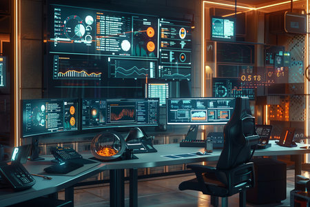 A modern, technology-focused marketers office with screens displaying AI algorithms analyzing user behavior and optimizing ad campaigns.の素材