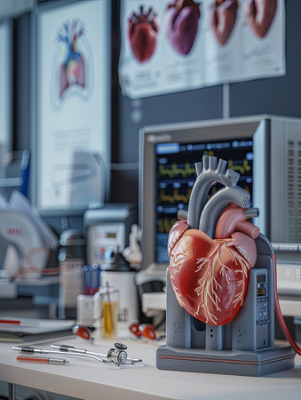 A detailed view of a cardiologists office with a prominent anatomical heart model, an ECG machine, and a stethoscope, creating a professional and health-conscious atmosphere.の素材