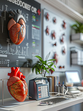 A clean and professional cardiologists office with a desk displaying an anatomical heart model, an ECG machine, a stethoscope, and other medical equipment.の素材