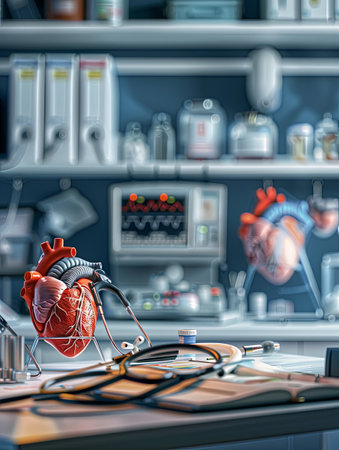 A close-up view of a cardiologists office desk featuring an anatomical heart model, stethoscope, and medical equipment.の素材