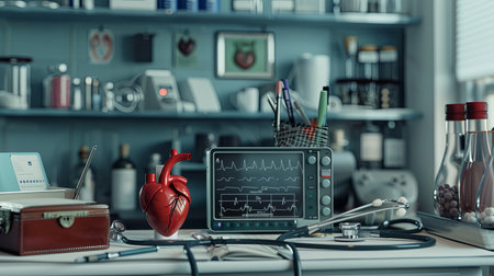 A close-up of a cardiologists desk with medical equipment, including an ECG machine displaying a heart rate, a stethoscope, and an anatomical heart model.の素材