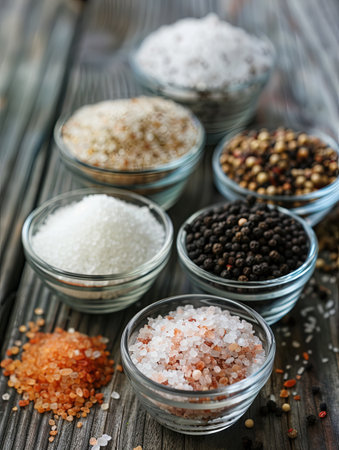 Different types of salt and pepper are displayed in glass jars and bowls on a rustic wooden surface.の素材