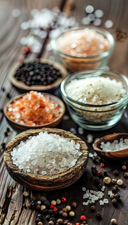 An assortment of salt and pepper in glass jars and small bowls, including sea salt, pink Himalayan salt, black peppercorns, and white pepper, displayed on a rustic wooden surface.の素材