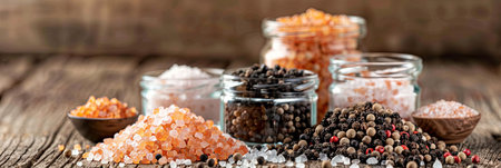 Different salt and pepper varieties like sea salt, pink Himalayan, black peppercorns, and white pepper are showcased in glass jars on a wooden surface.の素材