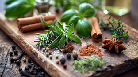 Fresh herbs, including rosemary, thyme, and basil, along with dried spices, like cinnamon, star anise, and peppercorns, arranged on a wooden cutting board.の素材