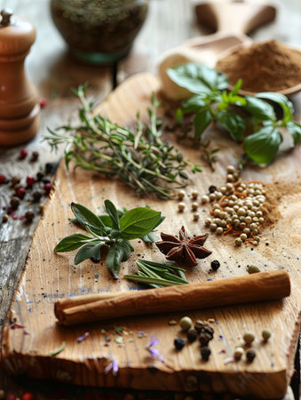 A variety of fresh and dried herbs and spices, including rosemary, thyme, basil, cinnamon sticks, star anise, and peppercorns, are arranged on a wooden cutting board.の素材