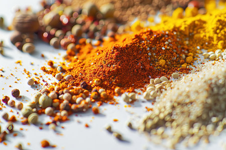 A close-up view of assorted spices scattered on a white surface, including turmeric, paprika, and coriander.の素材