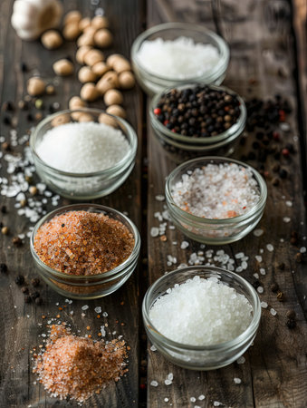 Close-up shot of various types of salt and pepper in glass jars and bowls, including sea salt, pink Himalayan salt, black peppercorns, and white pepper.の素材